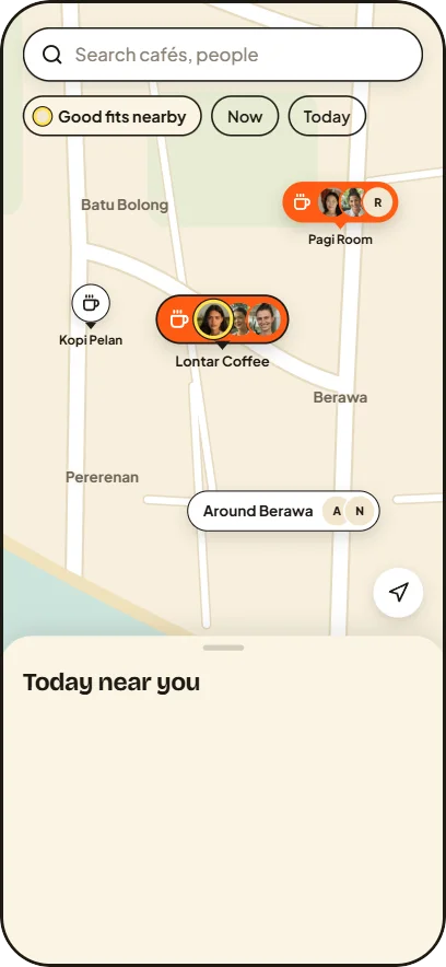 Sample screen: the Kerja map with café pins and the faces of who’s working there