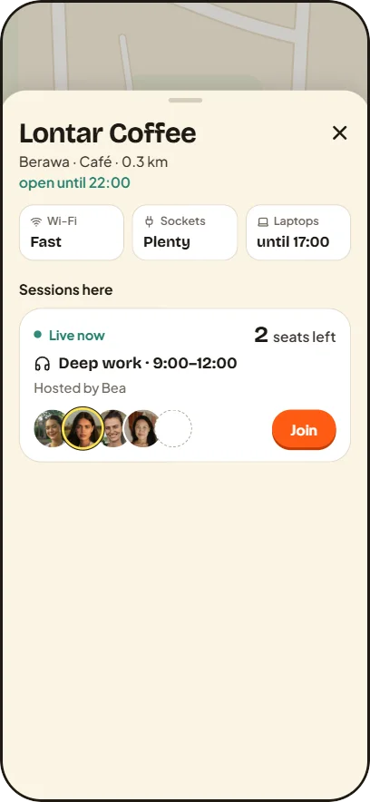 Sample screen: the café sheet for Lontar Coffee, with Wi-Fi, sockets and a live session