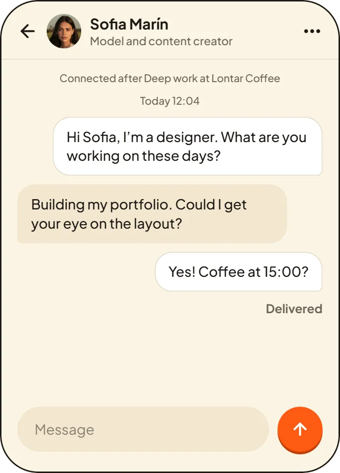 Sample screen: a chat with Sofia Marín after Deep work at Lontar Coffee, with Delivered under the last message