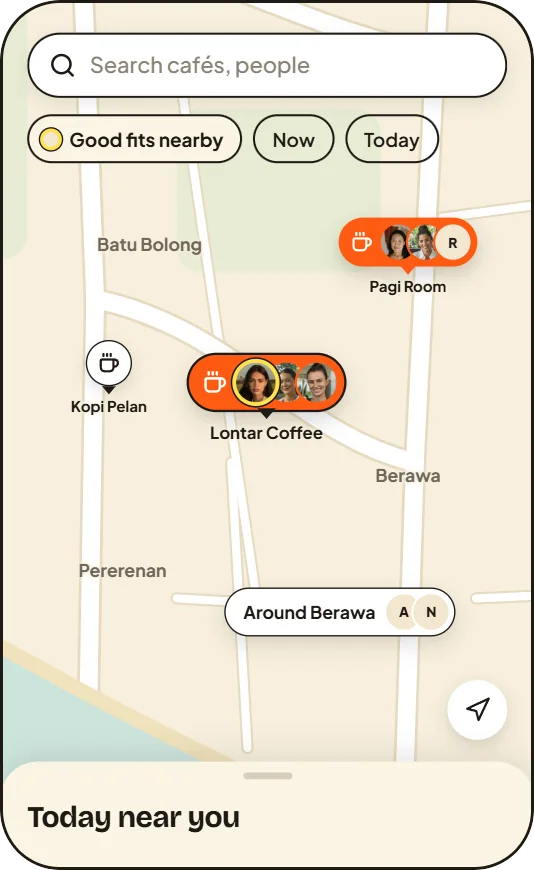 Sample screen: the Kerja map, with sessions at Pagi Room and Lontar Coffee