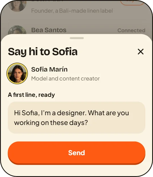 Sample screen: the Say hi to Sofia sheet, with a first line ready to send