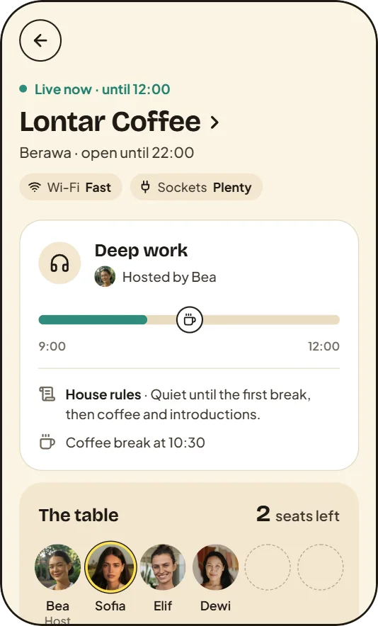 Sample screen: the session page at Lontar Coffee, Deep work hosted by Bea