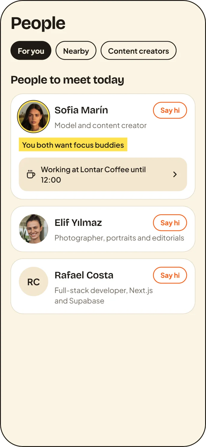 Sample screen: People, For you, with three people to meet today and a reason for each