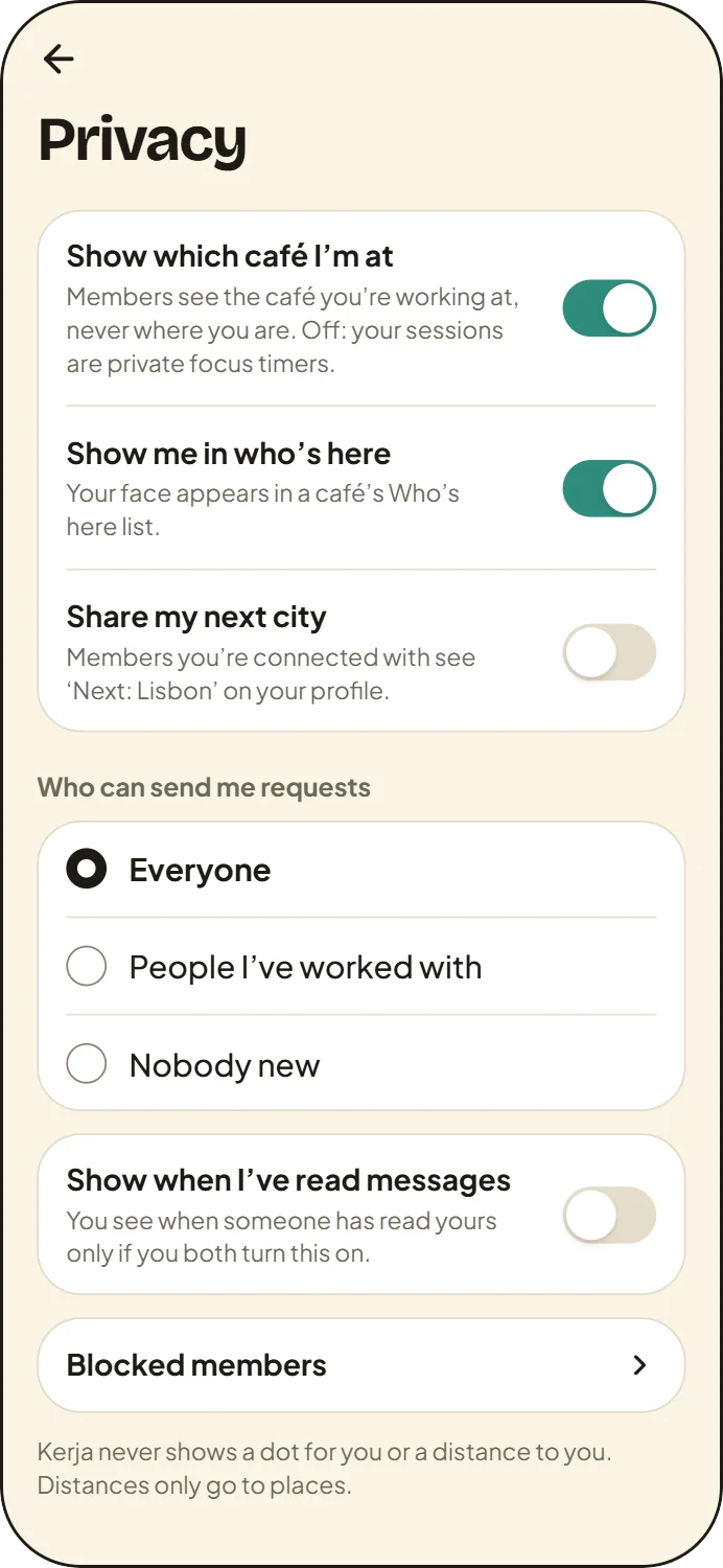 Sample screen: Kerja’s Privacy settings, with who can send you requests