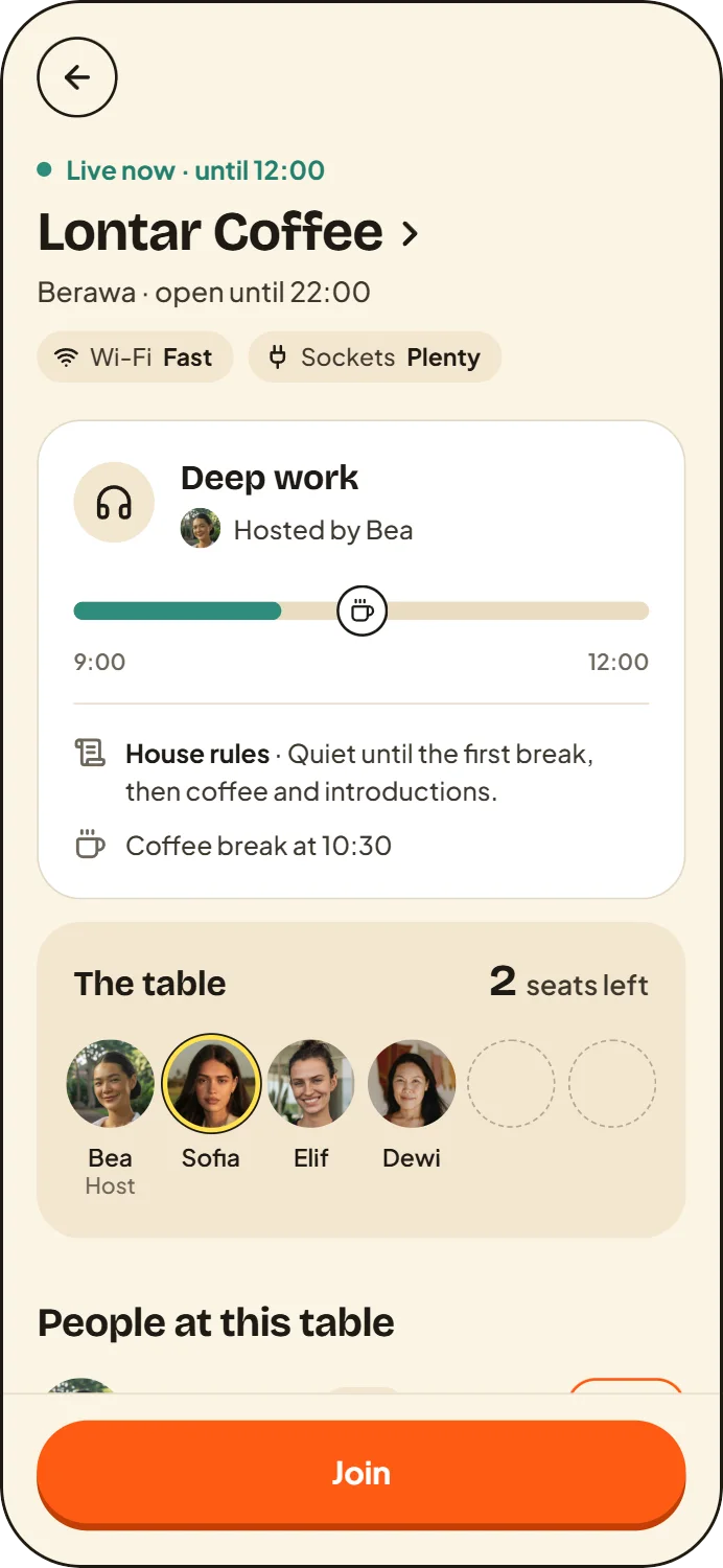 Sample screen: a session page, Deep work at Lontar Coffee, with the table and its seats